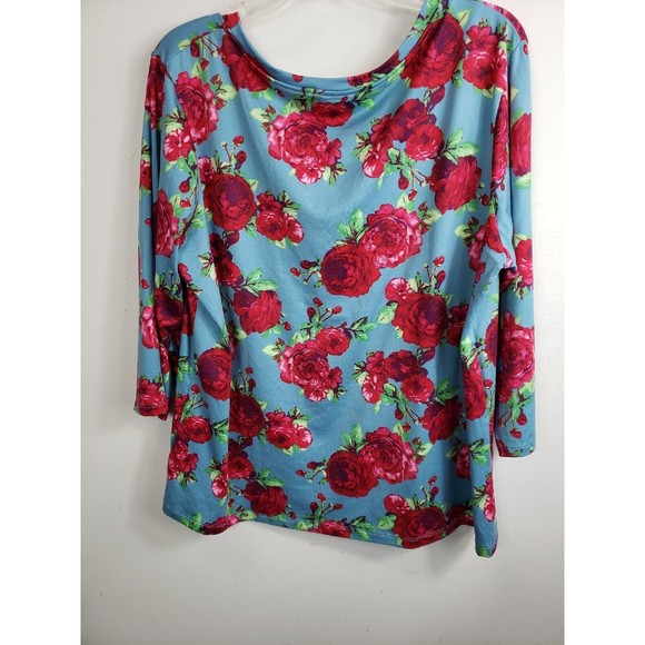 The Pioneer Woman 2X Blue Red Flowers 3/4 Sleeve V-Neck  Stretch top - Picture 6 of 7